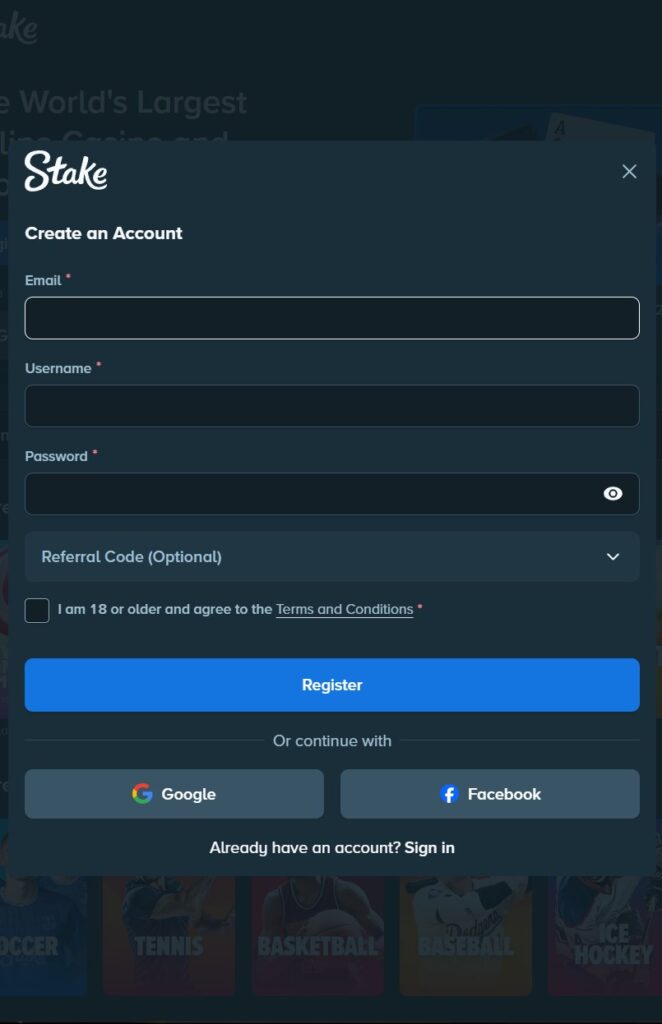 register to stake casino